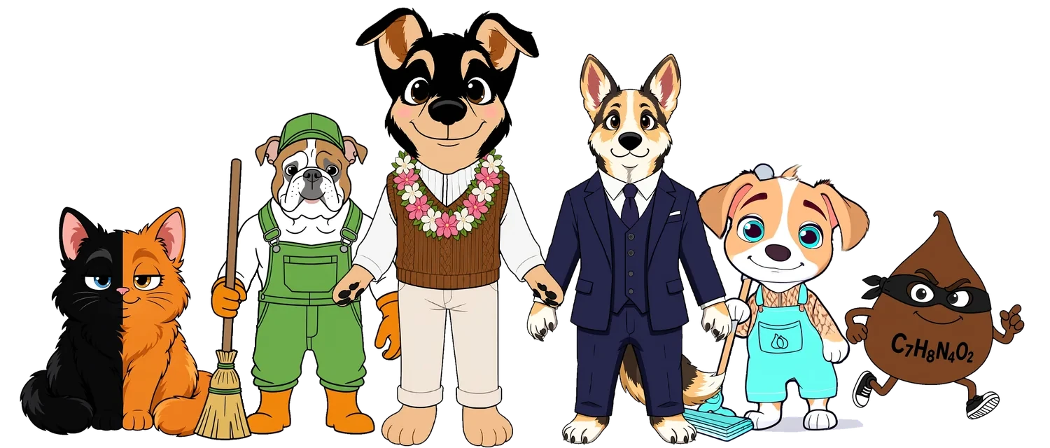 Miral vorne in der Mitte, dahinter Brant, Telsea, Rudi, die Katze Schrödinger und der freche Theo Bromin