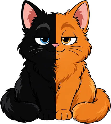 Die Katze Schrödinger, halb schwarz, halb orange