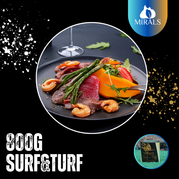 800g  Surfn Turf von Kalb und Shrimp mit Spargel Erdbeer Jus und Papaya-Rucola Salat