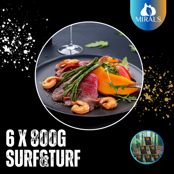 6x 800g  Surfn Turf von Kalb und Shrimp mit Spargel Erdbeer Jus und Papaya-Rucola Salat