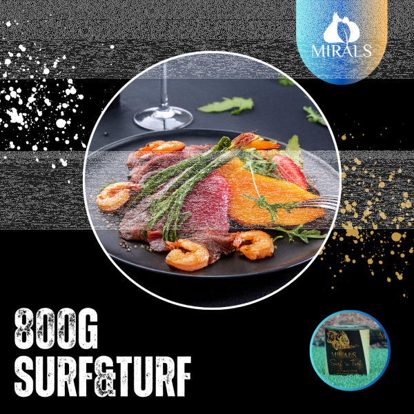 Kopie von 800g  Surfn Turf von Kalb und Shrimp mit Spargel Erdbeer Jus und Papaya-Rucola Salat #1